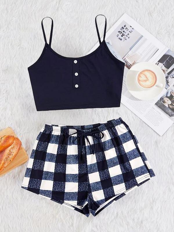 Women's Plain Button Crop Cami Top & Plaid Tie Front Elastic Waist Shorts Pyjama Set, Summer Clothes, PJ Set for Women, Women's Sleepwear & Loungewear