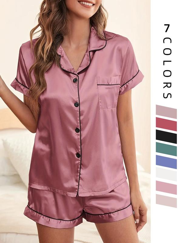 Two Four Six Counts Women's Satin Pyjama Lounge Co-ord Set, Lapel Collar Button Front Pocket Blouse & Contrast Binding Elastic Waist Pj Shorts Pajama Set, Lady Homewear for Summer, Back To School Wear Black Girl Wear