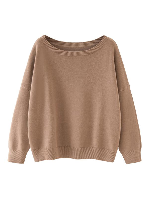 Women's Chic Plain Scoop Neck Knitted Long Sleeve Sweater, Lady Basic Comfort Drop Shoulder Crewneck Knitting Back To School Jumper, Fall Clothes, 2024 Knitwear Clothes, Womenswear, Fall Outfits, Earthtone Fallfreshness, Vintage Clothing