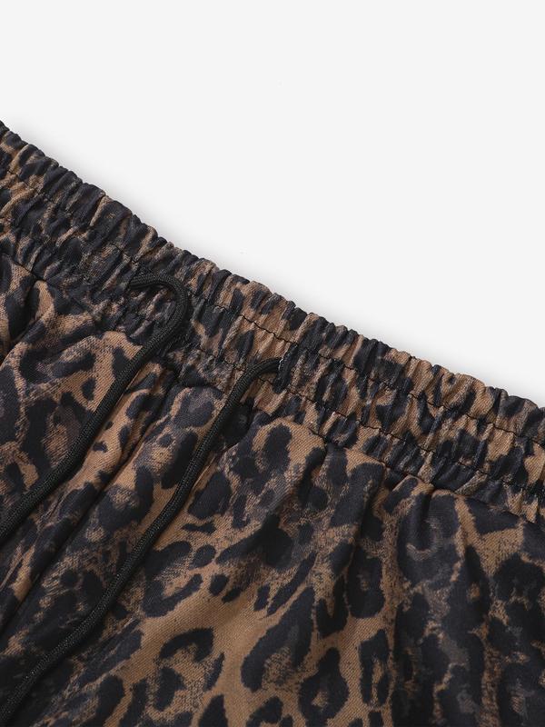 Women's Leopard Print Drawstring Waist Wide Leg Pants, Casual Pocket Trousers for Daily Wear, Ladies Bottoms for All Seasons