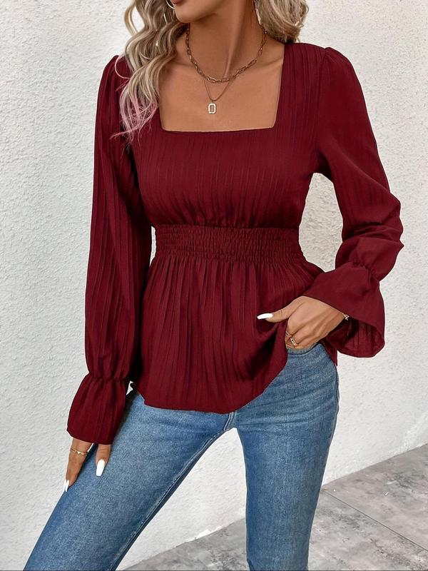 Women's Textured Flounce Sleeve Blouse, Casual Solid Square Neck Top for Spring & Fall, Women's Clothing for Daily Wear