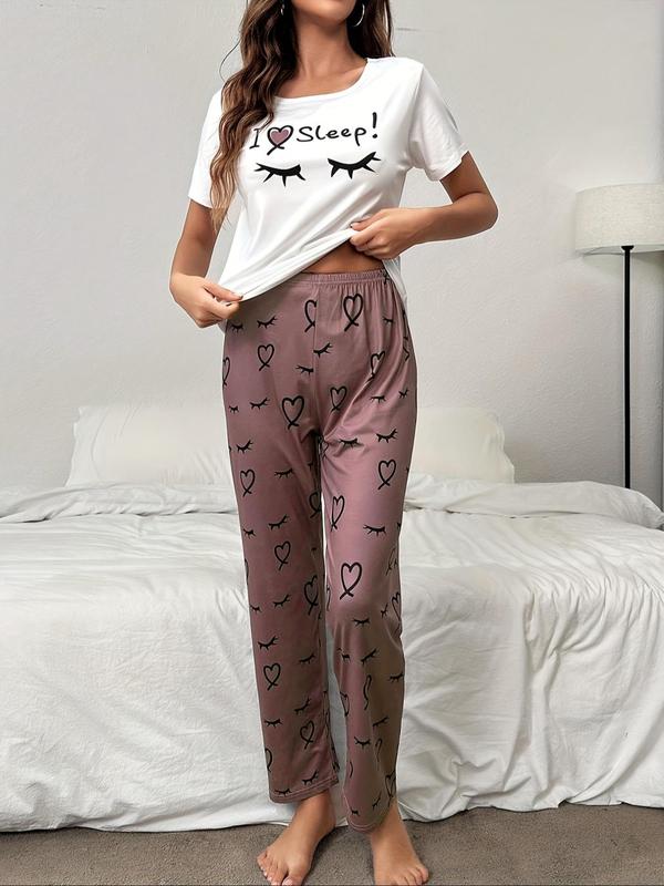 Two-Piece Set Women's Heart Letter Eyelash Print Tee & Elastic Waist Pants Pyjama Set, Casual Comfy Round Neck Short Sleeve T-shirt & Trousers Pj Set, Ladies Sleepwear for All Seasons