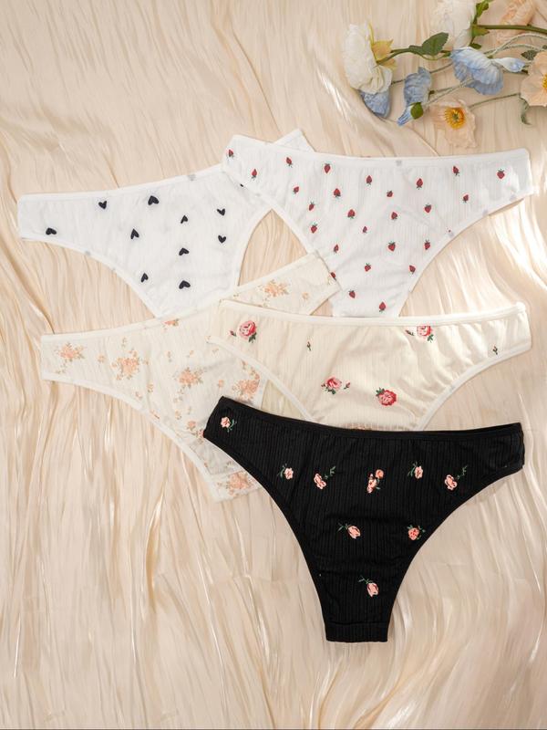 Women's 5pcs Heart & Cherry Print Flowers Decor High Waist Knicker, Soft Comfy Breathable Panty for Daily Wear, Underwear for All Seasons