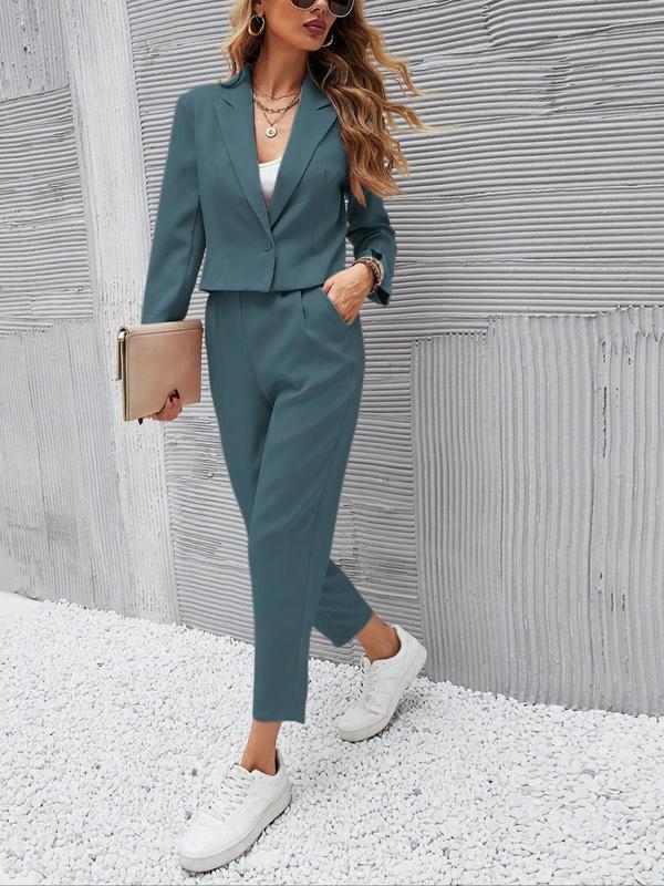 Two-piece Set Women's Solid Color Button Front Blazer & Pocket Pants, Long Sleeve Lapel Neckline Blazer & Straight Leg Trousers, Casual Two-piece Outfits for Work Office Business