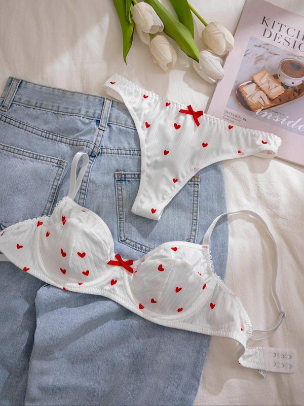 Women's 2pcs Heart Print Push Up Bra & Thong Bow Decor Underwear Set, Cute Adjustable Strap Underwire Bra & Panty, Lingerie Set for All Seasons