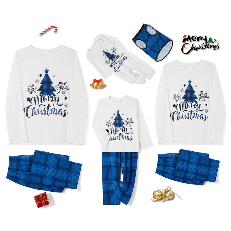 Family Matching Christmas Pajamas, Christmas Tree&Letter Print Long-Sleeved Tops + Plaid Trousers Sleepwear Outfits