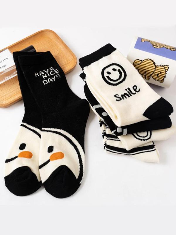 Women's 5 Pairs Cartoon Face & Striped Print Crew Socks, Casual Comfortable Breathable Socks For Daily Wear, Stocking Ideas, Women's Socks For Spring Fall