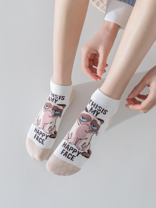 Women's 5 Pairs Cartoon Cat & Letter Print Colorblock Ankle Socks, Cute Comfortable Breathable Low Cut Socks for Daily Wear, Ladies Socks for Spring & Fall