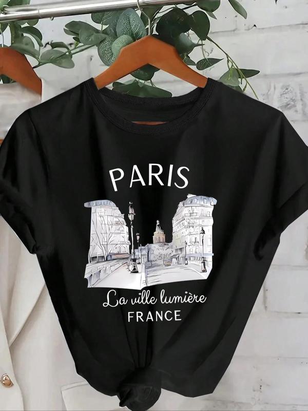 Women's Paris City Graphic Print Round Neck Tee, Fashion Casual Short Sleeve T-shirt, Ladies Summer Clothes for Daily Wear