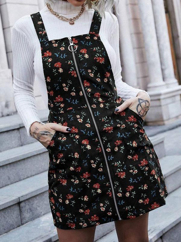 Women's Floral Print Zipper Pinafore Dress without Inner Top, Casual Pocket Square Neck Sleeveless Short Dress for Fall & Winter, Women's Clothes for Daily Wear