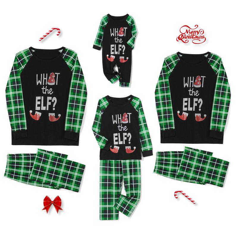 Family Matching Christmas Pajamas Elf Letter Print Long-Sleeved Pullover Tops Plaid Trousers Night Sleepwear