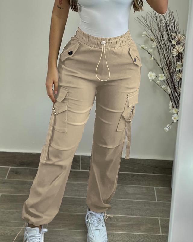 ChicMe Women Pocket Design Drawstring High Waist Pants Cuffed Pants Elastic Fit Trouser Cargo Pants Womenswear Bottom