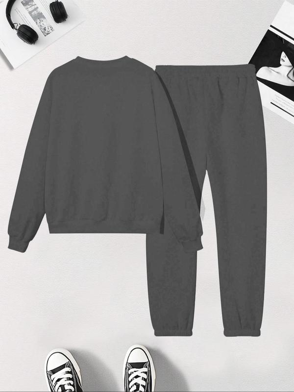 Women's Letter Print Drop Shoulder Sweatshirt & Pocket Sweatpants Two-piece Set, Casual Fashion Cozy Round Neck Long Sleeve Pullover & Jogger Pants for Daily Wear, Women's Two-piece Outfits for Fall & Winter