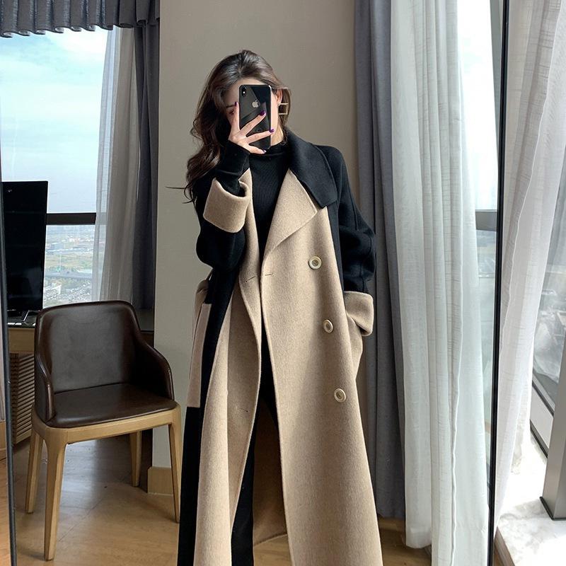 Hepburn style woolen coat for women long 2024 winter new style high-end temperament slim contrast color woolen coat for women