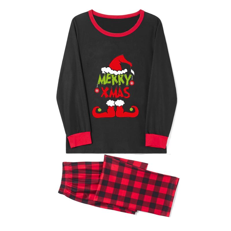 Christmas Pajamas For Family Christmas Family Pajamas Matching Set, Long Sleeve Letters Print T-shirt with Plaid Pants Sleepwear Loungewear