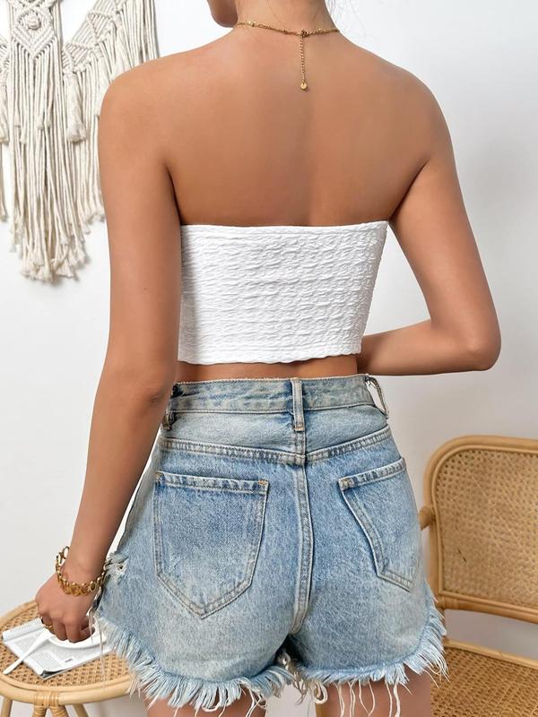 Women's Solid Textured Backless Crop Tube Top, Casual Elegant Comfort Sleeveless Cropped Top for Summer, Lady's Top for Daily Wear