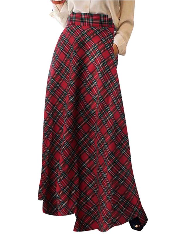 Women's Tartan Print Pocket A Line Skirt, Casual Fashionable Maxi Skirt for Daily Wear, Ladies Bottoms for All Seasons