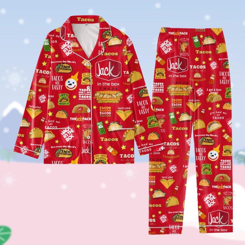 Taco Bell Pajamas Christmas, Junk Food Holiday Pajamas, Burrito Lover Pajamas Family, Fast Food Pajamas For Party, Taco Bell Sauce Pjs