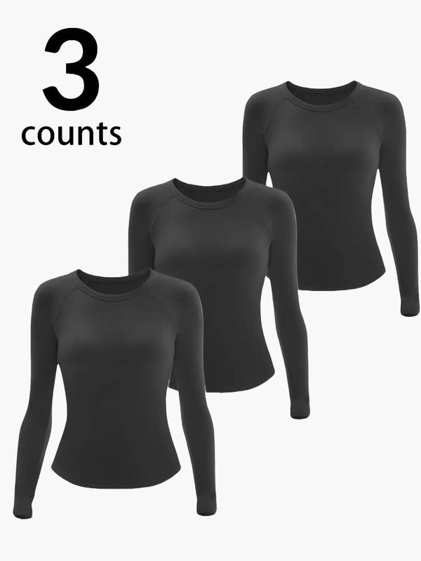 Women's Solid Round Neck Raglan Sleeve Sports Thermal Underwear Top, Casual Comfy Breathable Long Sleeve Top for Fall & Winter, Ladies Sportswear for Indoor Outdoor Wear