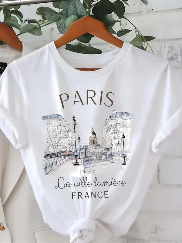 Women's Paris City Graphic Print Round Neck Tee, Fashion Casual Short Sleeve T-shirt, Ladies Summer Clothes for Daily Wear