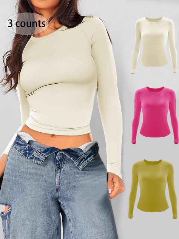 Women's Solid Round Neck Raglan Sleeve Sports Thermal Underwear Top, Casual Comfy Breathable Long Sleeve Top for Fall & Winter, Ladies Sportswear for Indoor Outdoor Wear