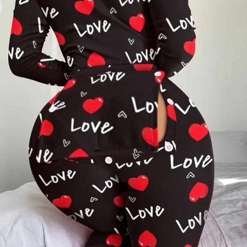 Love Hearts Black Long Sleeve Onesie Womenswear Fit Comfortable Women