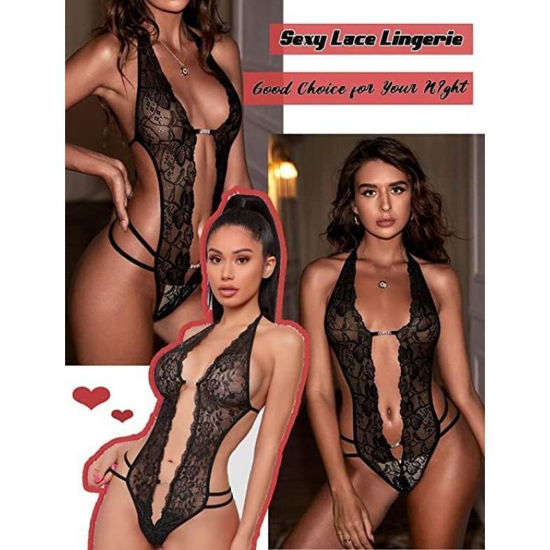 Women One Piece Lingerie Sexy Lace Bodysuit Deep V Teddy doll Nightgown XS-XXL