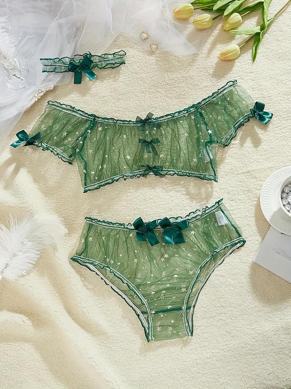 Women's Star Print Sheer Tulle Sexy Lingerie Three-piece Set, Romantic Lettuce Trim Bra & Ruched Panty & Bow Decor Choker Set, Lingerie Set for Women