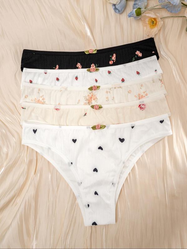 Women's 5pcs Heart & Cherry Print Flowers Decor High Waist Knicker, Soft Comfy Breathable Panty for Daily Wear, Underwear for All Seasons