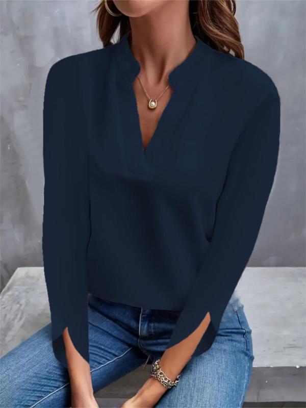 Women's Plain Notched Neck Blouse, Fall Clothing Women, Casual Long Sleeve Top for Daily Wear, Ladies Clothes for All Seasons