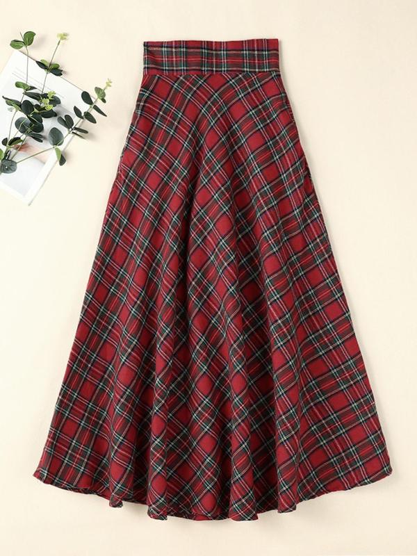 Women's Tartan Print Pocket A Line Skirt, Casual Fashionable Maxi Skirt for Daily Wear, Ladies Bottoms for All Seasons