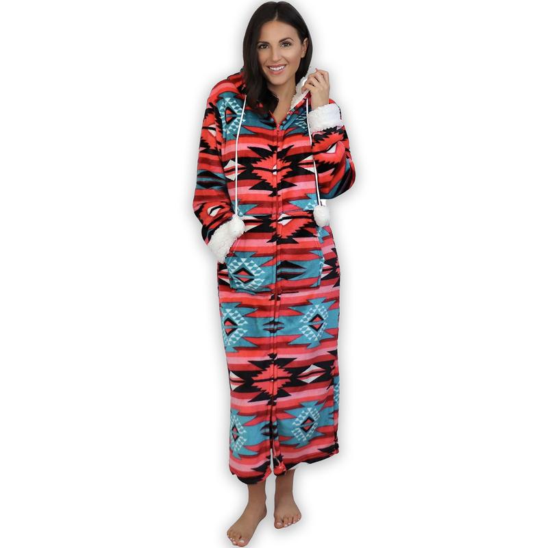 Trailcrest Aztec Womens Lightweight Soft Fleece Hooded Zip Up Lounge Bathrobe- Plush Long Spa Robes Sleepwear Apparel