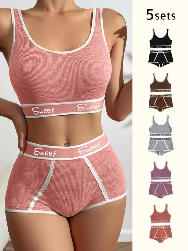 Women's 10pcs Letter Tape Wireless Bra & Contrast Binding Panty Shorts Set, Back To School Soft Comfy Breathable Lingerie Set for Daily Wear, Ladies Underwear Set for Fall