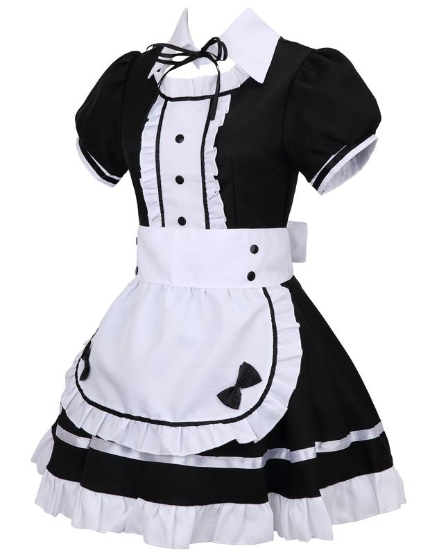 Women's Lolita French Maid Outfit Halloween Anime Costume with Apron Gloves Headband Socks 6 Pcs Set