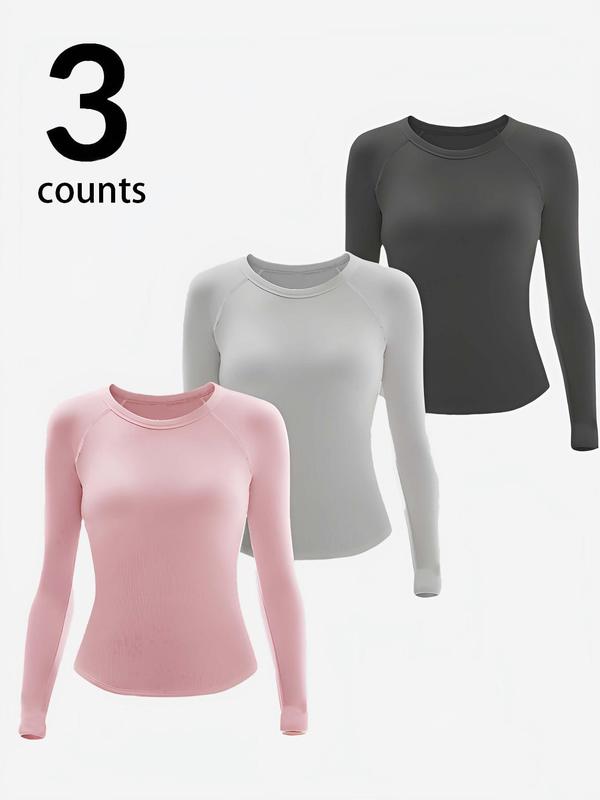 Women's Solid Round Neck Raglan Sleeve Sports Thermal Underwear Top, Casual Comfy Breathable Long Sleeve Top for Fall & Winter, Ladies Sportswear for Indoor Outdoor Wear