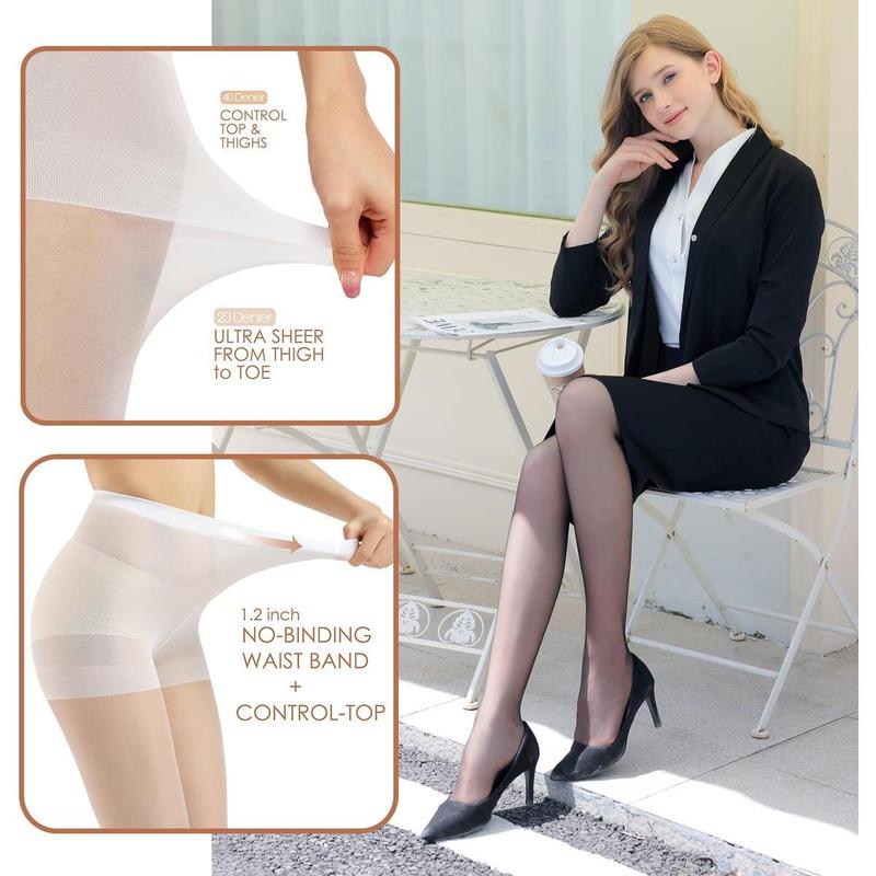 3 Pairs Women's Sheer Tights - 20D Control Top Pantyhose with Reinforced Toes Comfort Fit