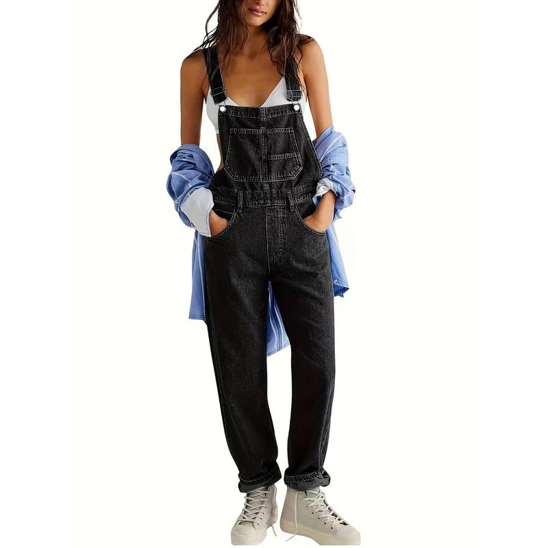 Women's Fashion Denim Overalls, Casual Style, Non-Stretch, Relaxed Fit - Classic Blue Jean Jumpsuit Dungarees With Pockets For Fall Polyester Womenswear