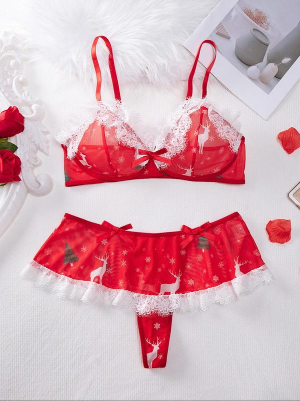 Women's 2pcs Christmas Snowflake Print Contrast Lace Adjustable Strap Bra & Bow Decor Panty Set, Sexy Lingerie Set for Home Wear, Ladies Summer Underwear Set, Women Sexy Lingeries & Costumes