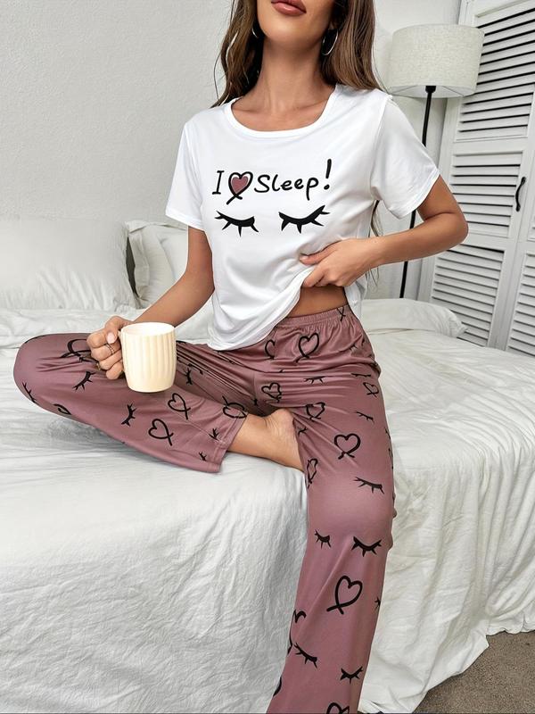 Two-Piece Set Women's Heart Letter Eyelash Print Tee & Elastic Waist Pants Pyjama Set, Casual Comfy Round Neck Short Sleeve T-shirt & Trousers Pj Set, Ladies Sleepwear for All Seasons