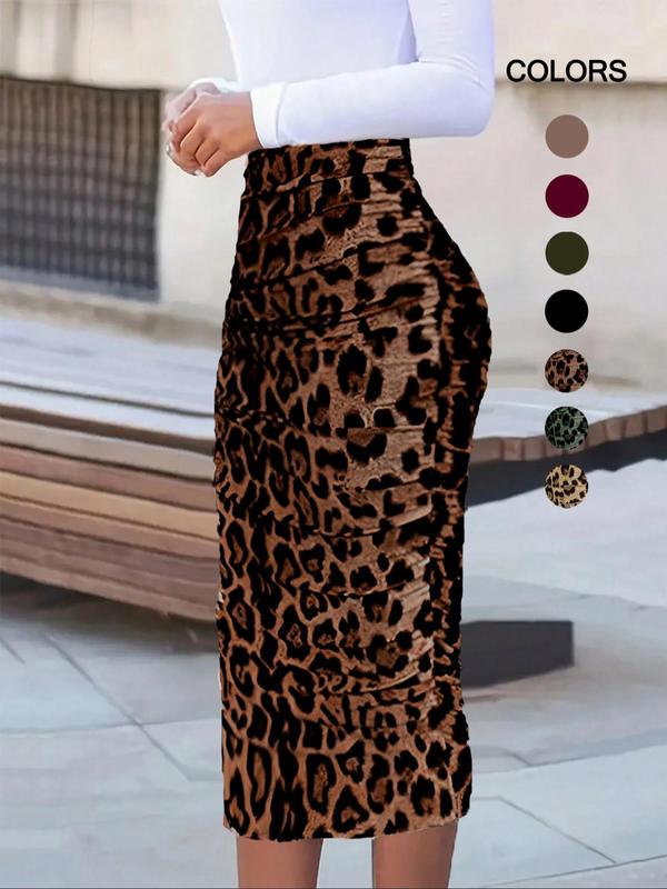 Women's Leopard Print Ruched Pencil Skirt, Skirts for Women, Elegant Fashion High Waist Midi Skirt for Daily Outdoor Wear, Women Bottoms for Summer