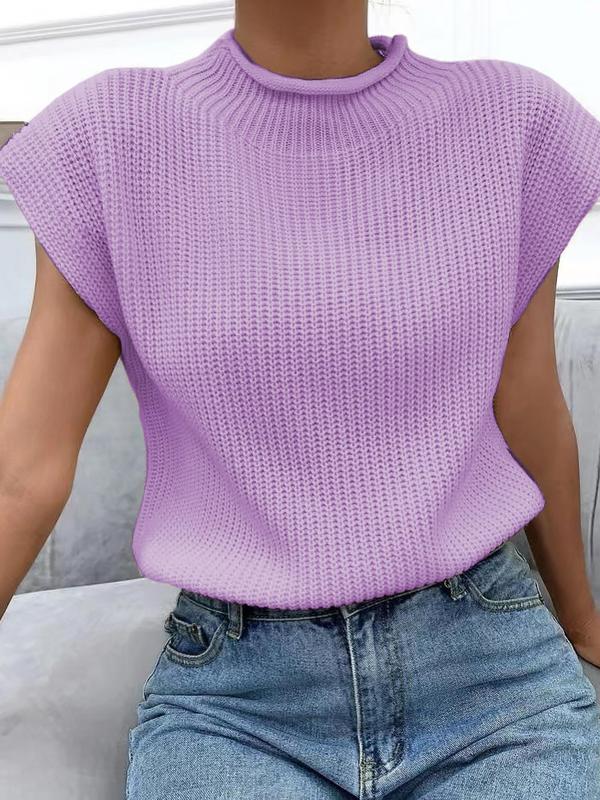 Women's Plain Roll Trim Mock Neck Sweater Vest, Casual Solid Sleeveless Knit Top for Spring & Fall, Clothes Women, Women's Knitwear for Daily Wear, Summer Outfits 2024