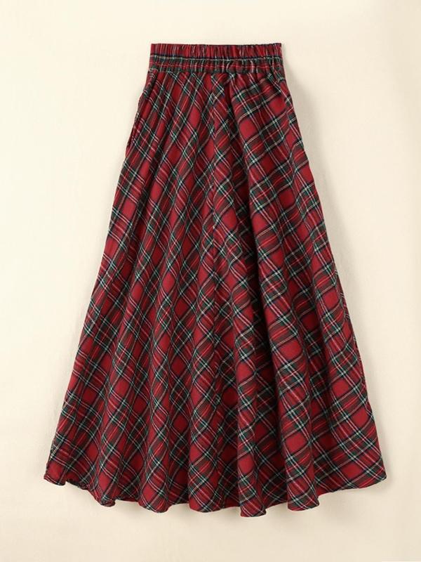 Women's Tartan Print Pocket A Line Skirt, Casual Fashionable Maxi Skirt for Daily Wear, Ladies Bottoms for All Seasons