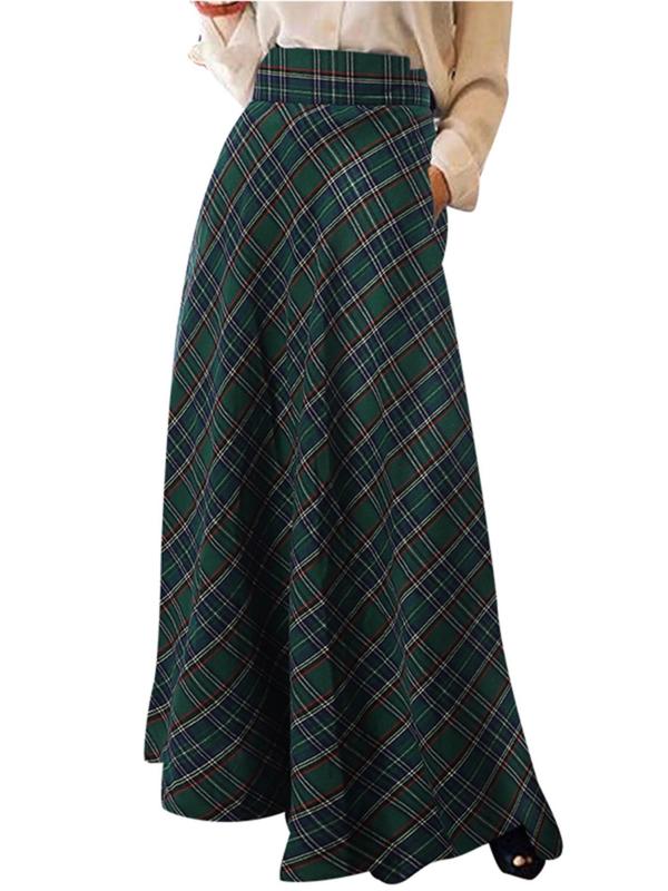 Women's Tartan Print Pocket A Line Skirt, Casual Fashionable Maxi Skirt for Daily Wear, Ladies Bottoms for All Seasons