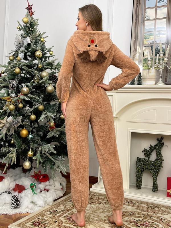 Christmas Women's Colorblock Cute Reindeer Design Zipper Flannel Lounge Jumpsuit, Cute Casual Long Sleeve Hooded Jumpsuit for Fall & Winter, Women's Sleepwear for Indoor Wear Onesies Pajama