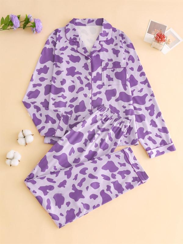 Two-Piece Set Women's Cow Print Pajama Set, Long Sleeve Lapel Neck Button Front Shirt & Pants PJ Set, Women's Sleepwear for Spring & Fall