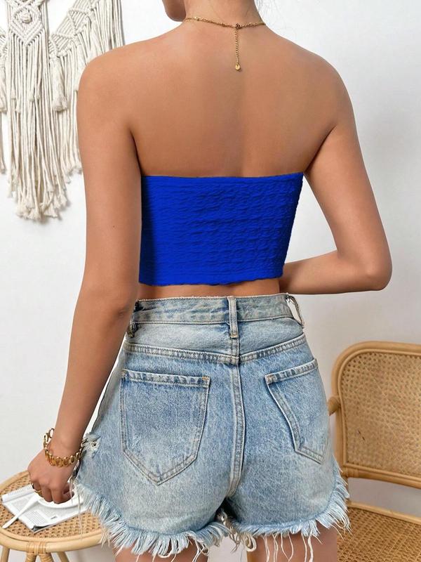 Women's Solid Textured Backless Crop Tube Top, Casual Elegant Comfort Sleeveless Cropped Top for Summer, Lady's Top for Daily Wear