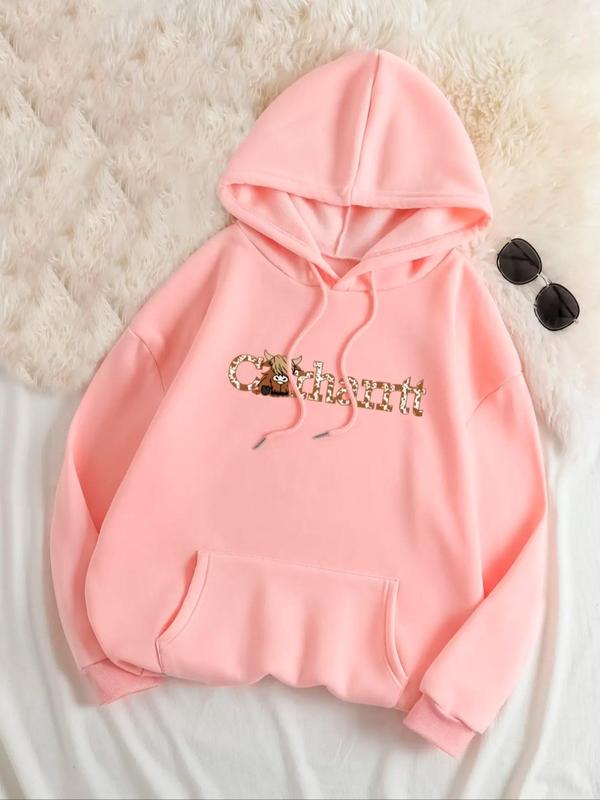 Women's Thermal Lined Cartoon Graphic Print Drop Shoulder Drawstring Pocket Hoodie, Mean Girls Casual Long Sleeve Hooded Sweatshirt, Ladies Fall & Winter Clothes for Daily Wear