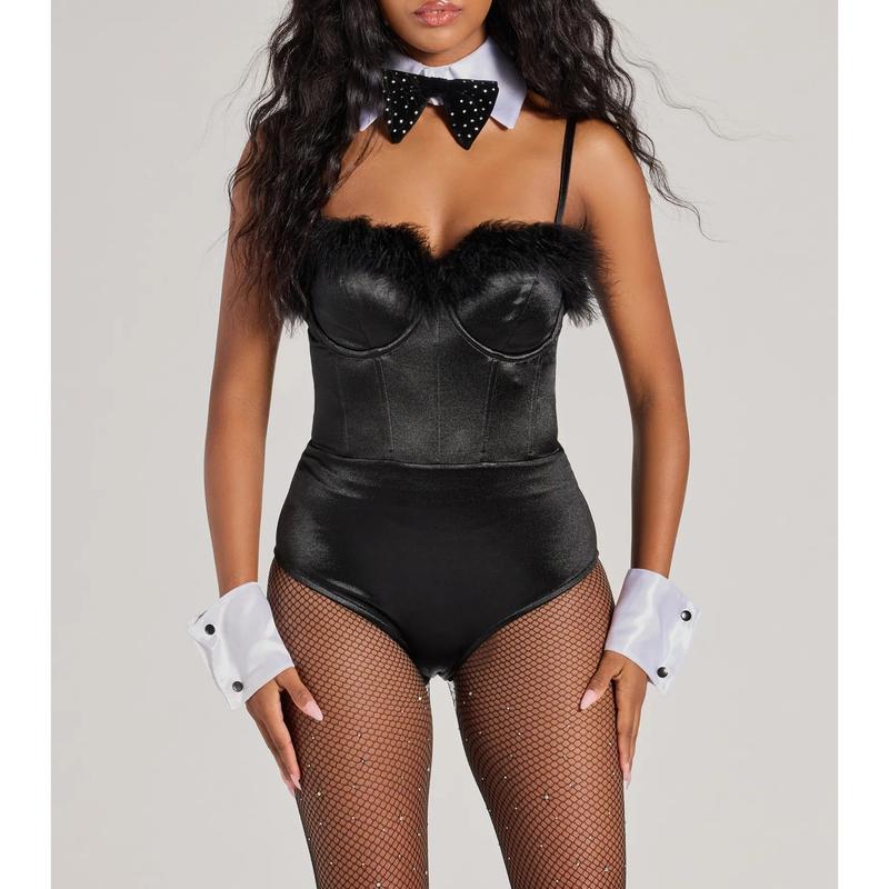 Bunny Bombshell Feather Trim Corset Bodysuit