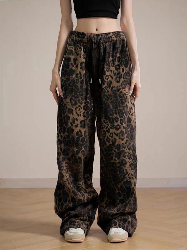 Women's Leopard Print Drawstring Waist Wide Leg Pants, Casual Pocket Trousers for Daily Wear, Ladies Bottoms for All Seasons