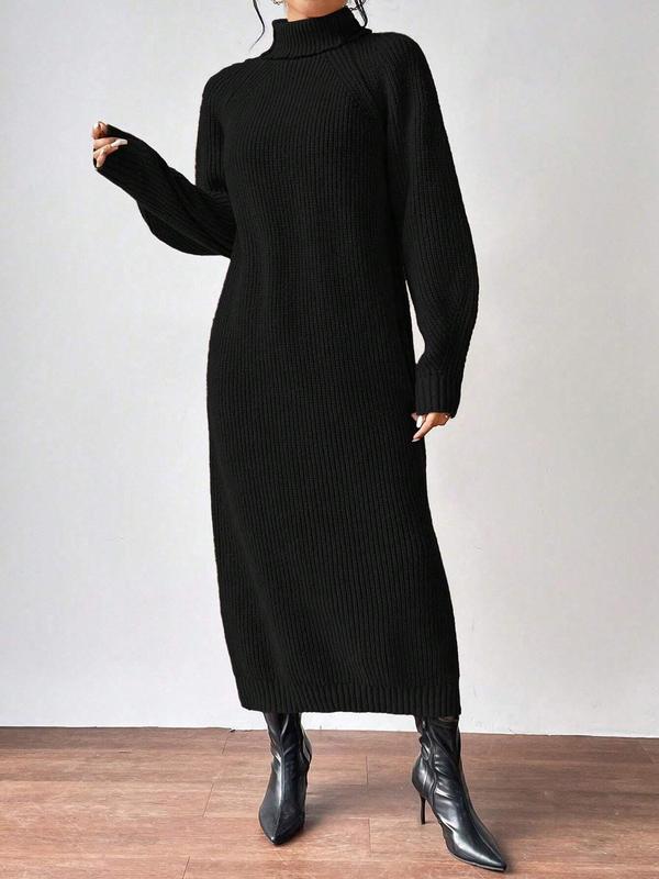 Women's Solid Raglan Sleeve Turtle Neck Sweater Dress, Casual Long Sleeve Jumper Dress for Fall & Winter, Women's Knitwear for Daily Wear